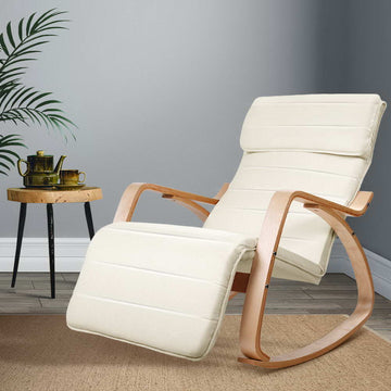 Artiss Beige Cotton Rocking Armchair with Footrest