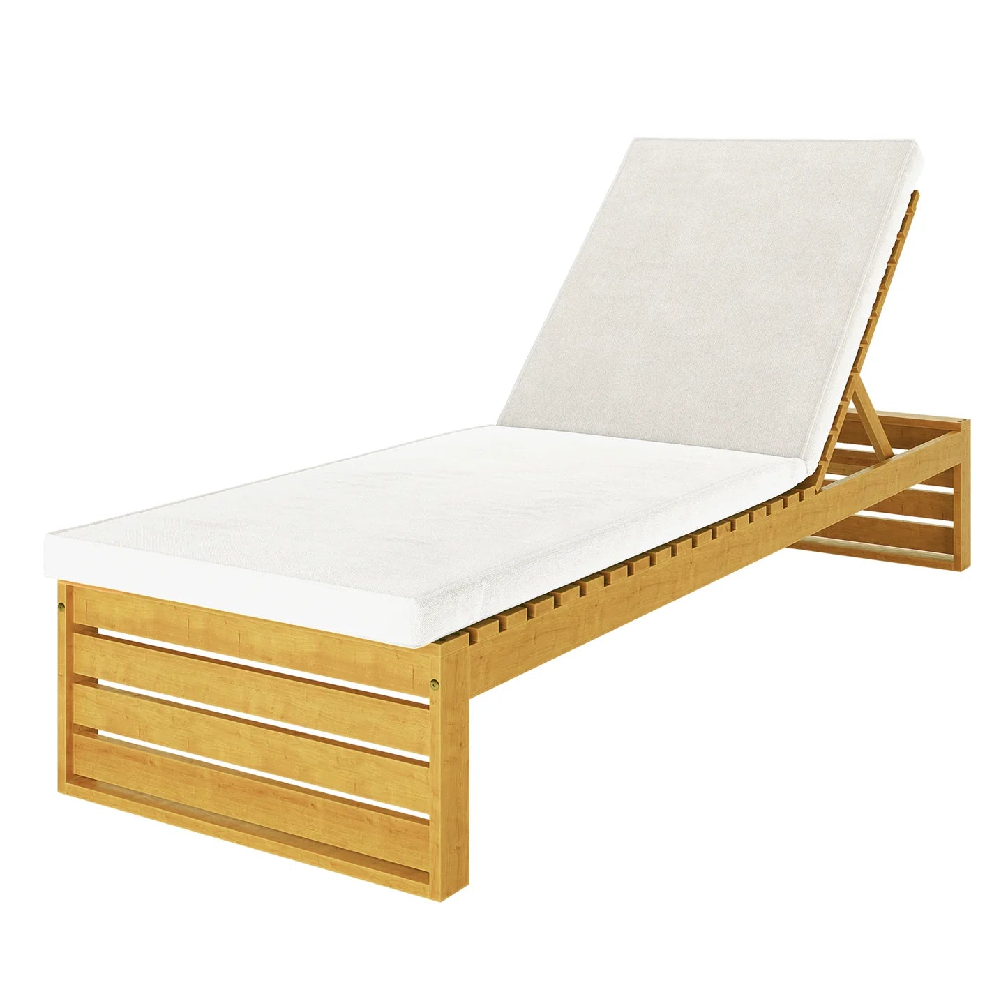 Acacia wood outdoor sun loungers with cream cushions