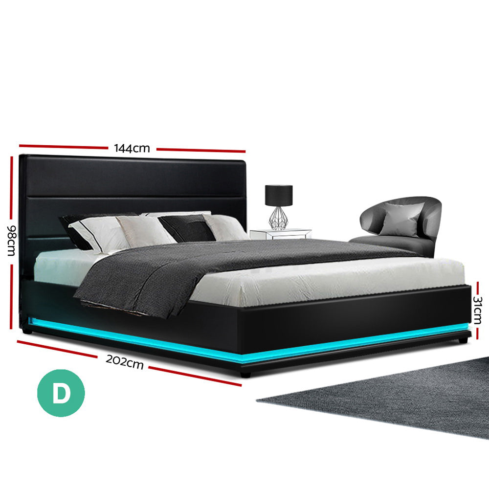Artiss LUMI Double Bed Frame – LED Gas Lift Black