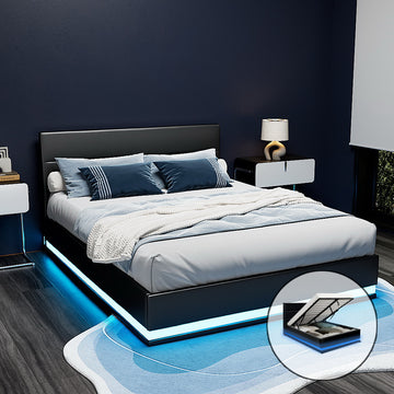 Artiss LUMI Double Bed Frame – LED Gas Lift Black