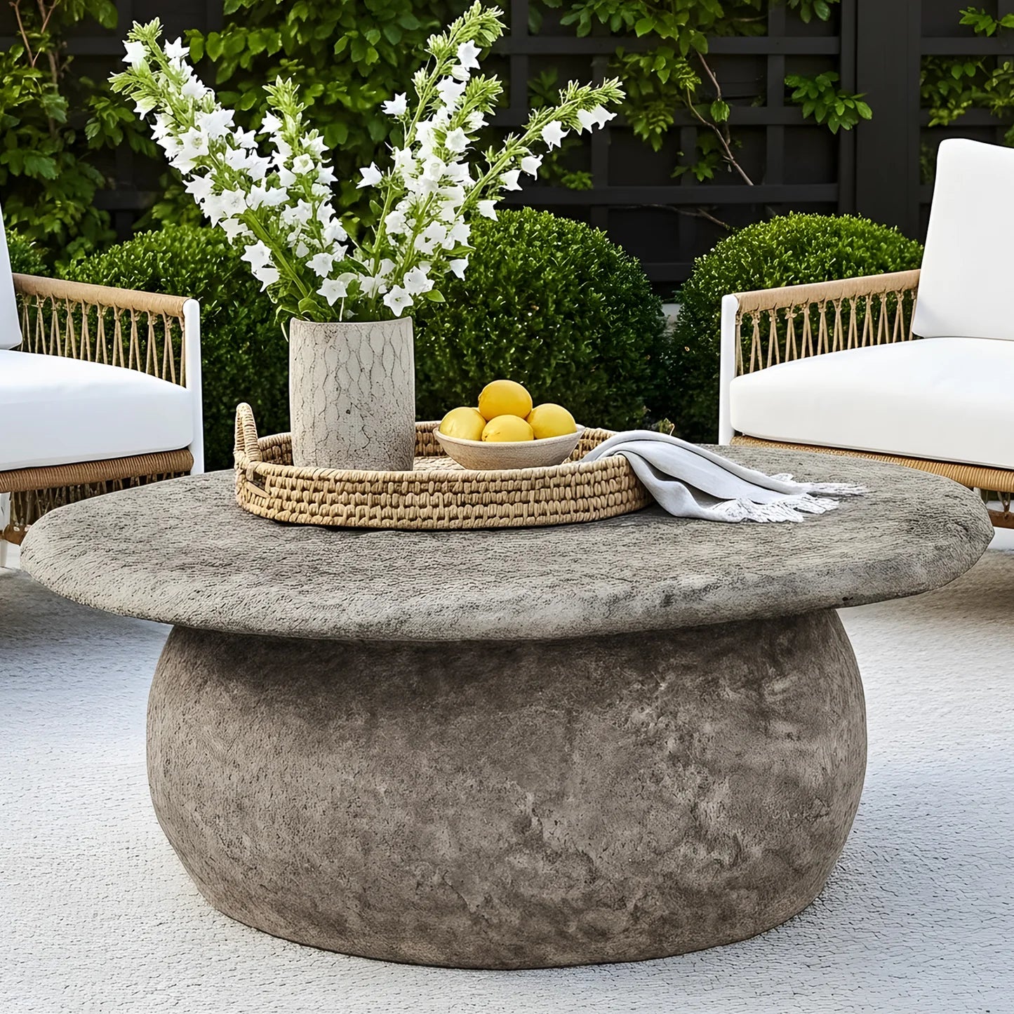 Beyond Living outdoor concrete coffee table round stone design