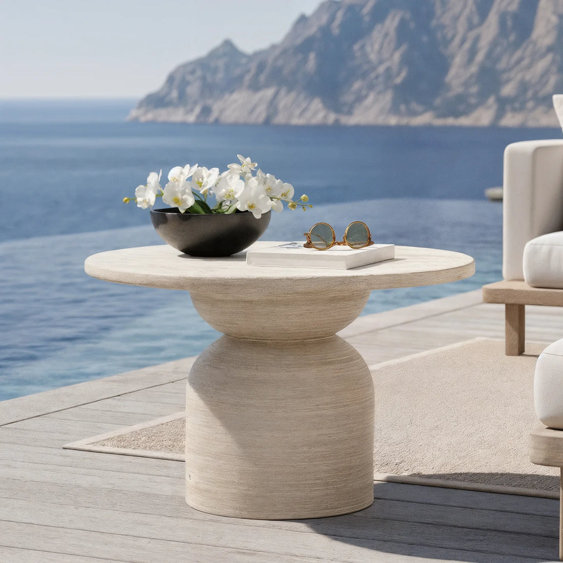 Beyond Living round outdoor concrete dining table beige finish