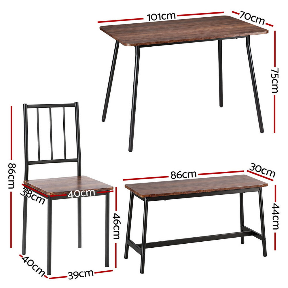 Artiss 4-Piece Rustic Brown Dining Table & Bench