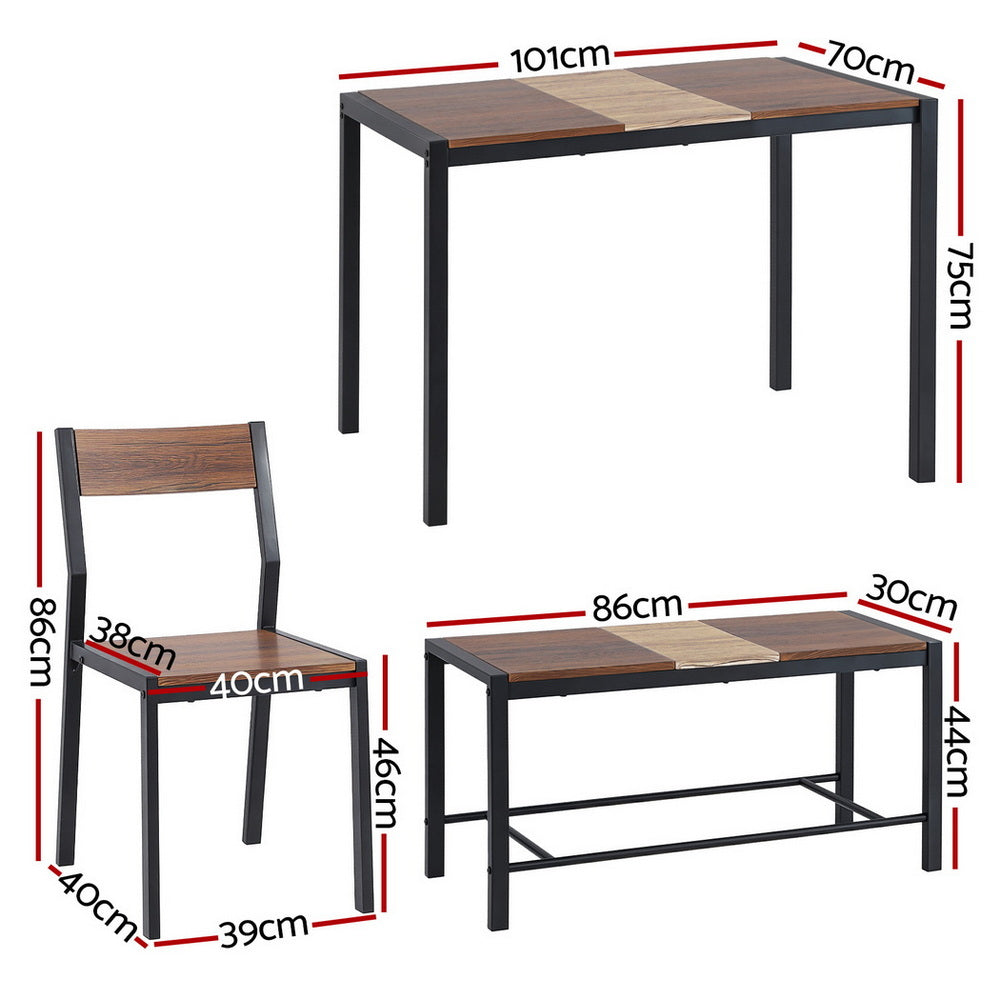 Artiss 4-Piece Rustic Brown Dining Table & Bench