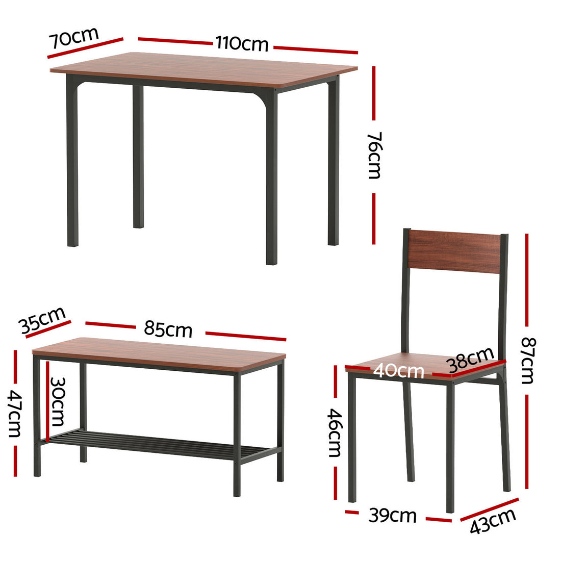Artiss 4-Piece Walnut Dining Table & Bench Set