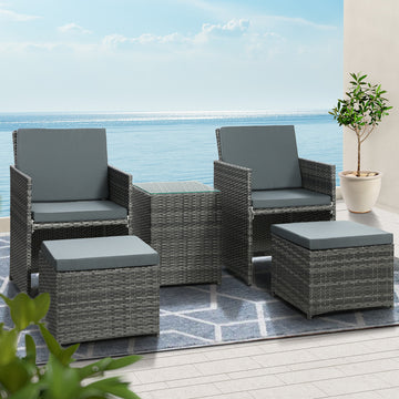 Gardeon 5PC Bistro Set – Wicker Chairs & Ottoman, Grey