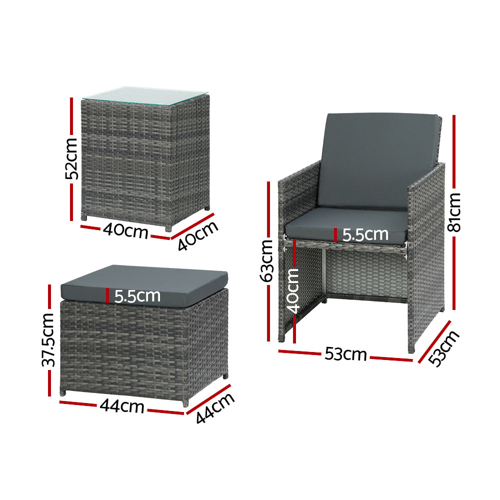 Gardeon 5PC Bistro Set – Wicker Chairs & Ottoman, Grey