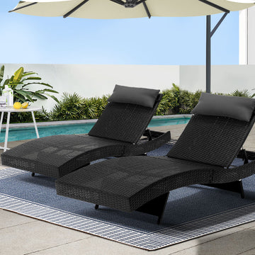 Gardeon 2PC Adjustable Sun Lounge Chairs – Black Wicker
