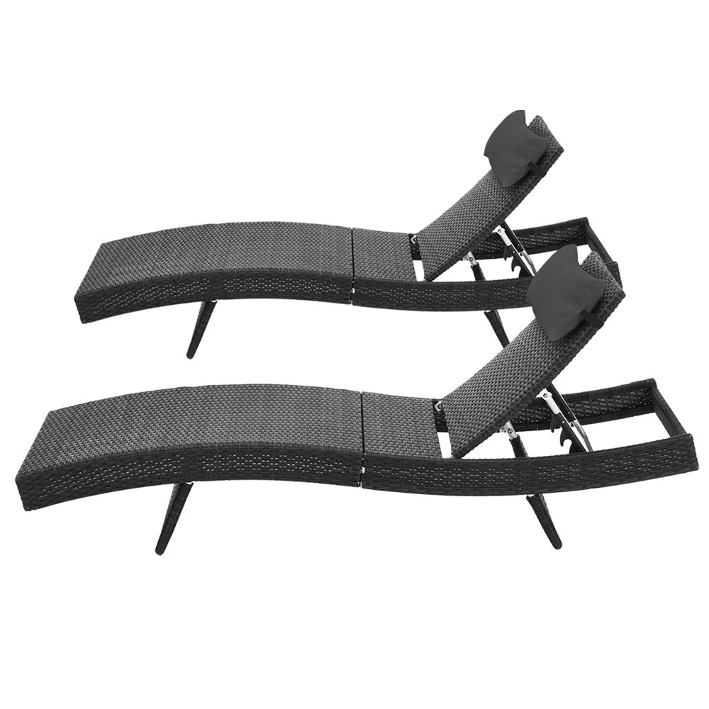 Gardeon 2PC Adjustable Sun Lounge Chairs – Black Wicker