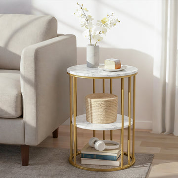 Artiss Coffee Table 2-Tier – Marble Effect, White & Gold