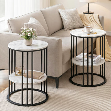 Artiss Set of 2 Side Tables – Marble Effect, 2-Tier