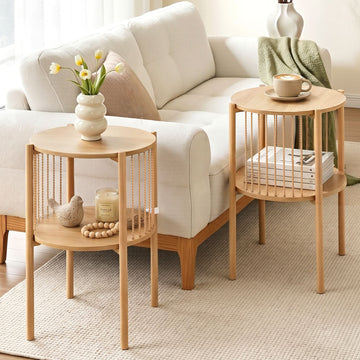 Artiss Set of 2 End Tables – 2-Tier Coffee Table, Pine