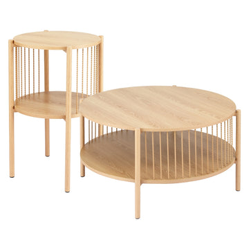 Artiss Coffee Table Set – 2-Tier Round Wood with Storage
