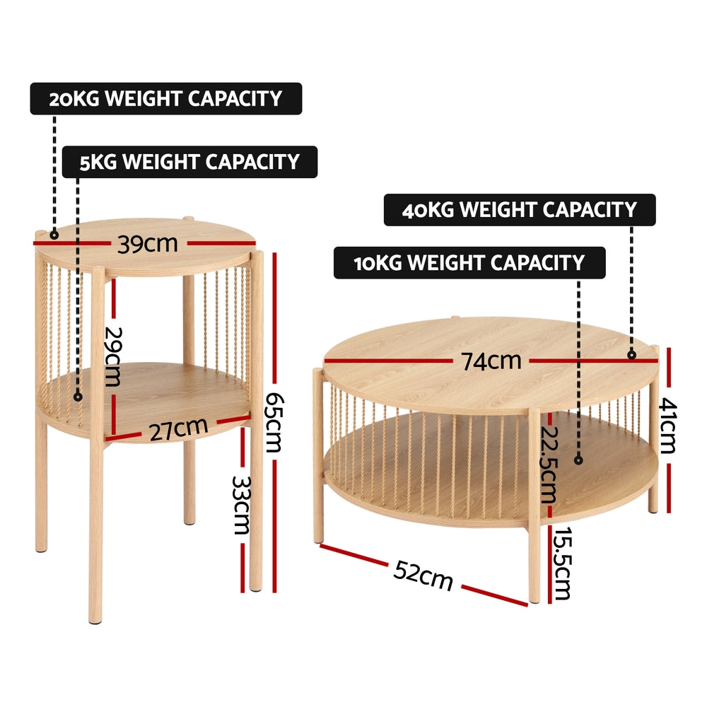 Artiss Coffee Table Set – 2-Tier Round Wood with Storage
