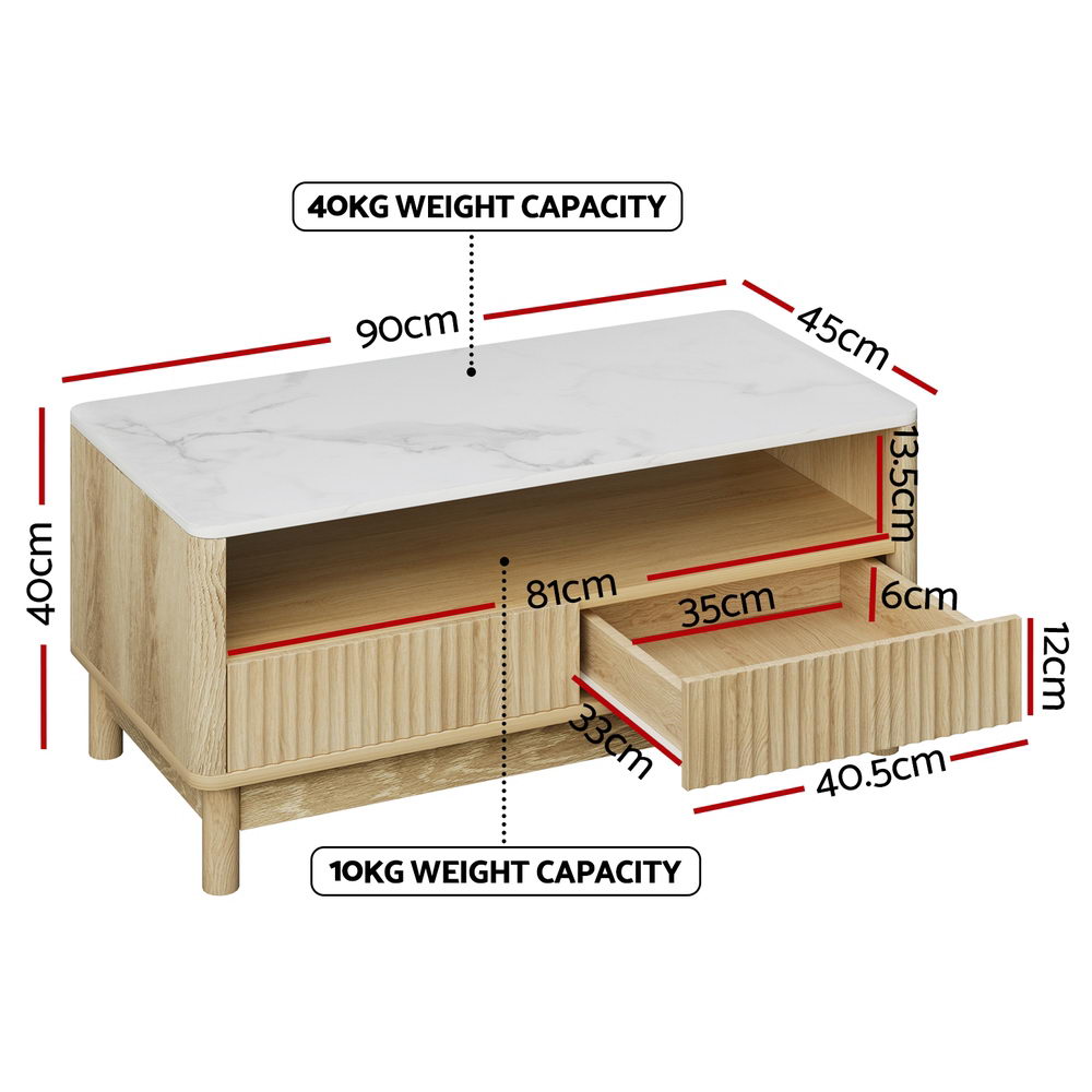 Artiss Coffee Table – Marble Effect, Wood & White, Storage