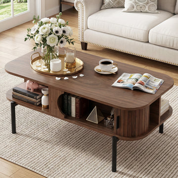 Artiss Coffee Table – Walnut 2-Tier with Storage Cabinets