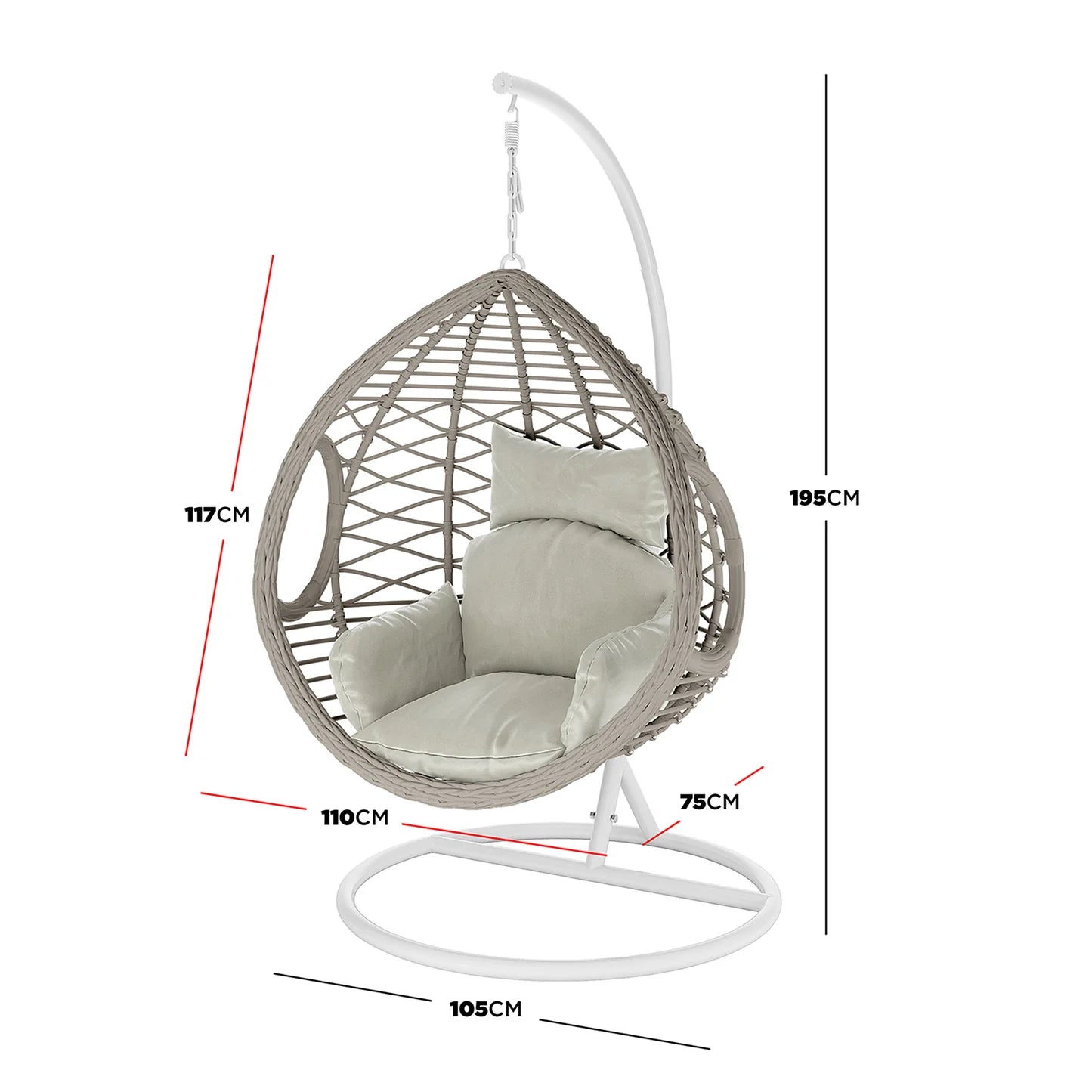 Garden hanging egg chair with steel frame and cushion