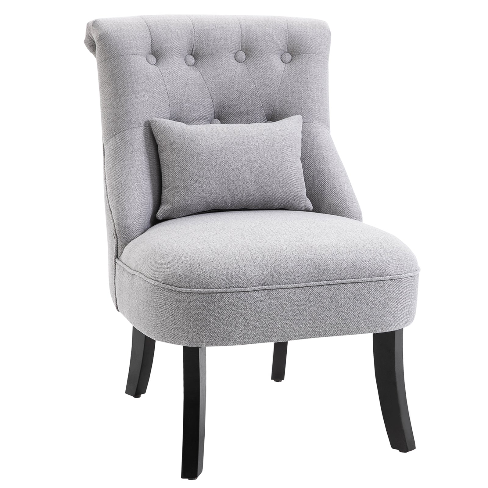 Grey upholstered chair with wooden legs