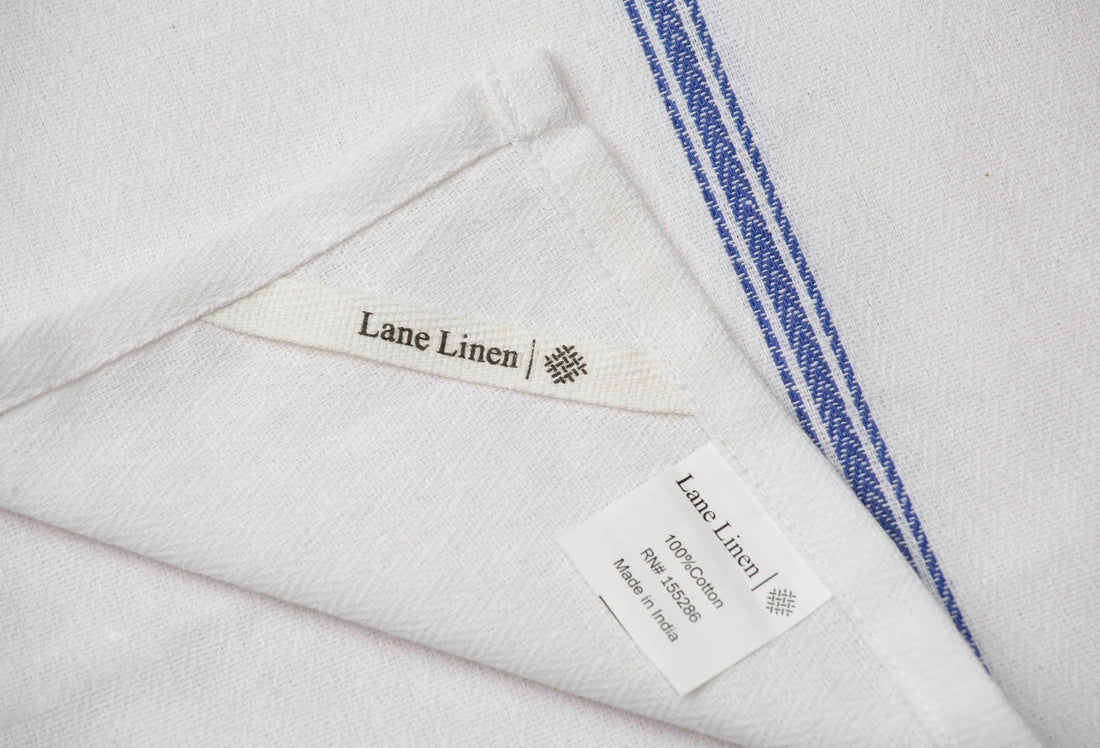 Set of 12 Herringbone Kitchen Towels - Blue Stripe