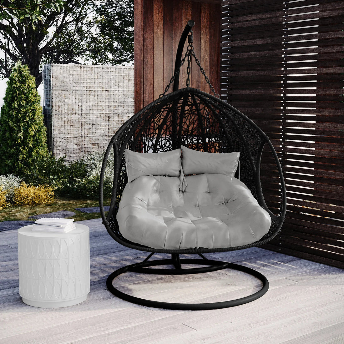 2 Seater Hanging Egg Chair – Outdoor Wicker Pod Chair Black Beyond Living