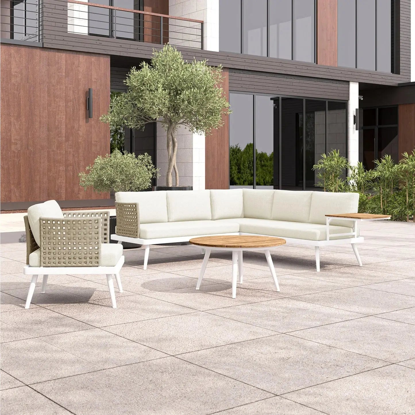Breeza 5 Seater Teak Outdoor Sofa Set Cream White Australia Beyond Living