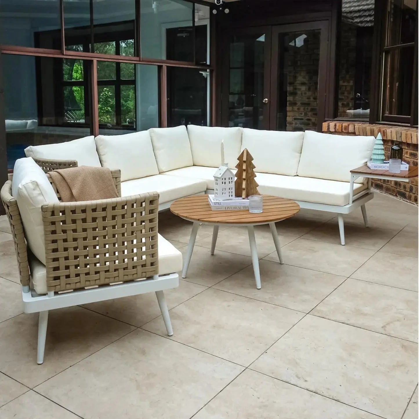 Breeza 5 Seater Teak Outdoor Sofa Set Cream White Australia Beyond Living