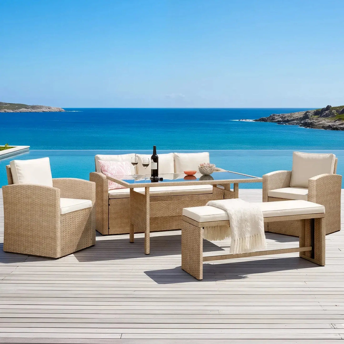 Mapa 7 Seater Wicker Outdoor Dining Sofa Set in Natural Beyond Living