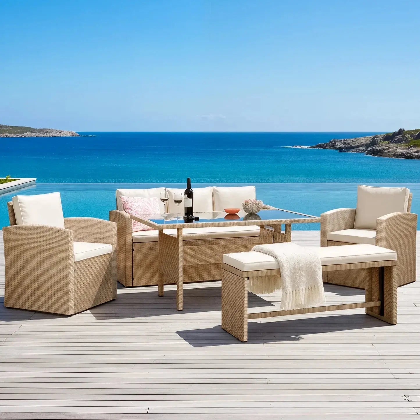 Mapa 7 Seater Wicker Outdoor Dining Sofa Set in Natural Beyond Living