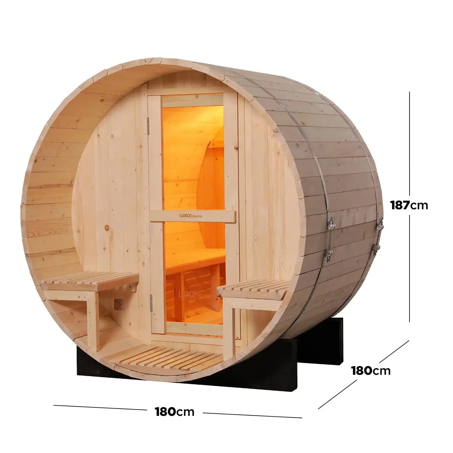 Luola 2 Person Pine Outdoor Barrel Sauna & Harvia Stove Beyond Living