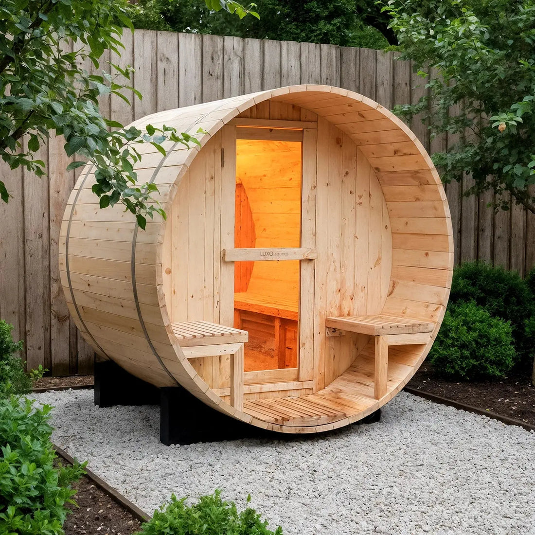 Luola 2 Person Pine Outdoor Barrel Sauna & Harvia Stove Beyond Living