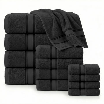 12 Piece 100% Cotton Towel Set 550GSM - Black