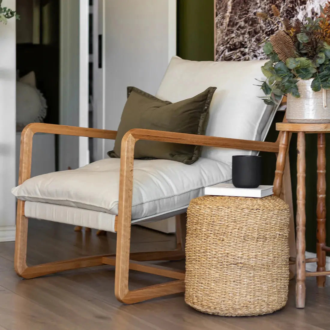 Linen hardwood accent chair Australia coastal style