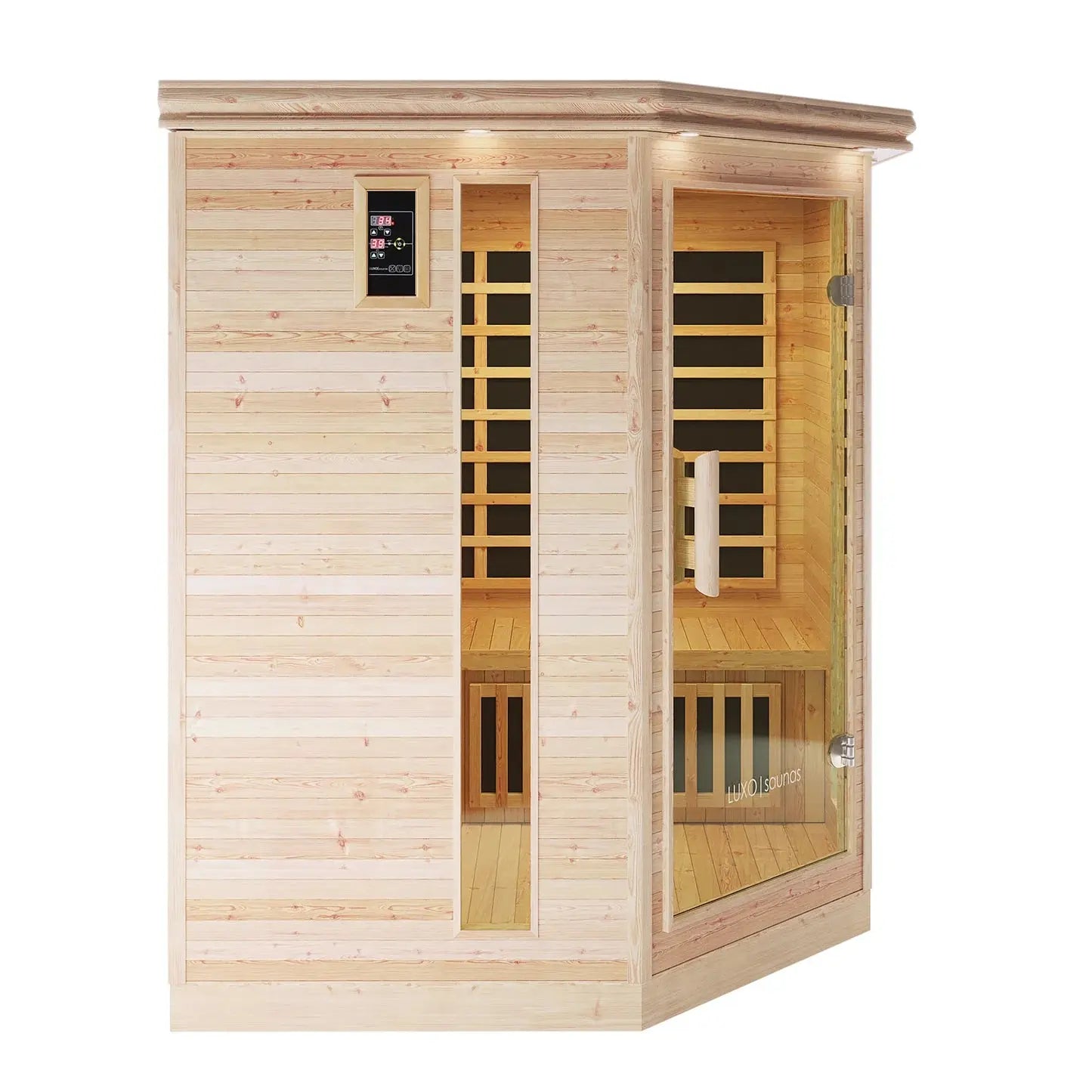 Luola barrel sauna exterior view with Harvia stove by Beyond Living