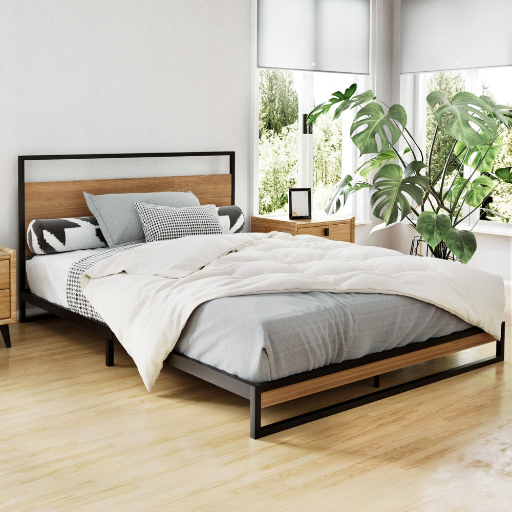 Artiss Dane Double Metal Bed Frame – Black & Wood