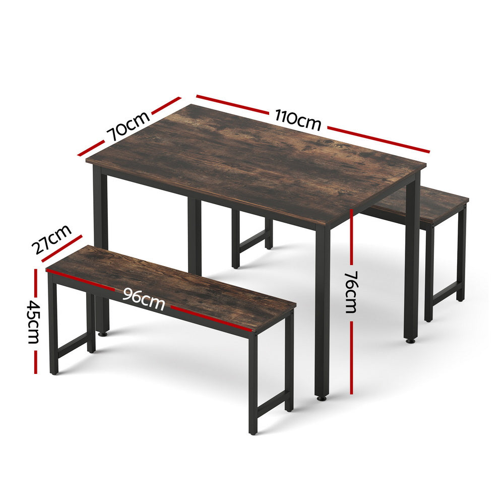 Artiss 3PCS Dining Table & Bench Set Walnut