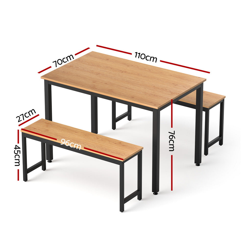 Artiss 3PCS Dining Table & Bench Set Natural Oak