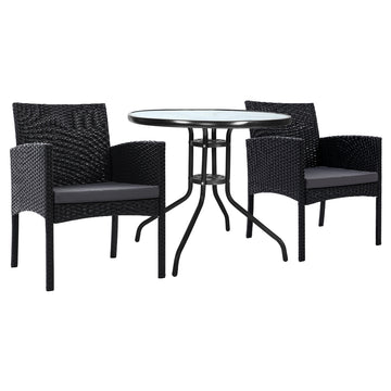 Gardeon 3PC Bistro Set – Wicker Chairs & Glass Table, Black