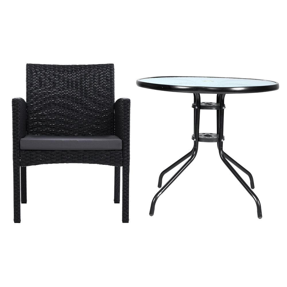 Gardeon 3PC Bistro Set – Wicker Chairs & Glass Table, Black