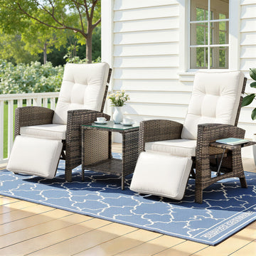 Gardeon 3PC Outdoor Recliner Set with Side Table – Brown Wicker