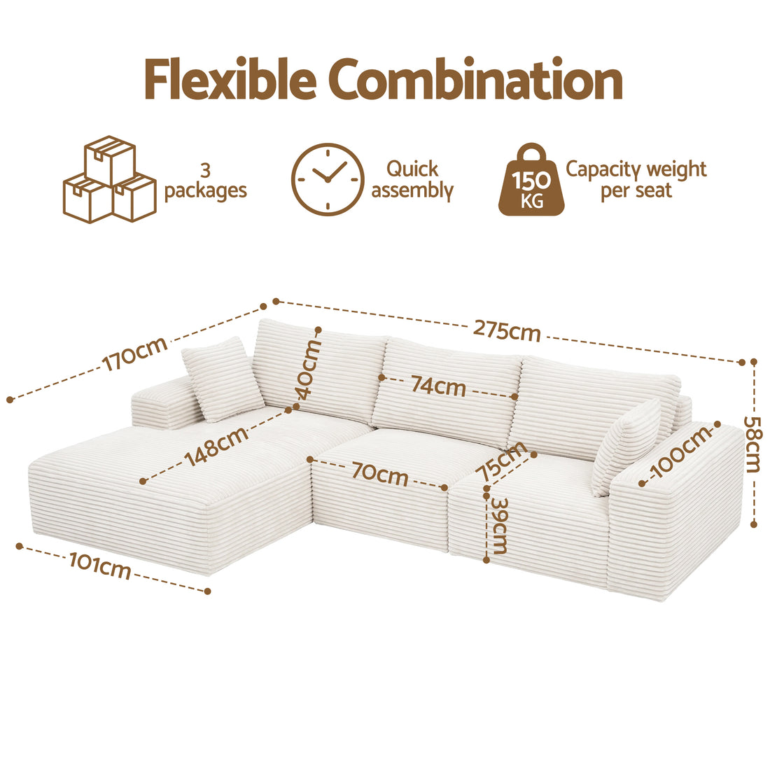 Artiss White 3-Seater Modular Sofa Bed L-Shape