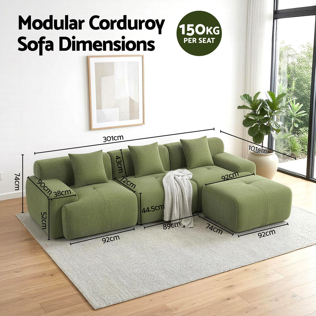 Artiss Green Modular L-Shaped Sofa Bed 300cm