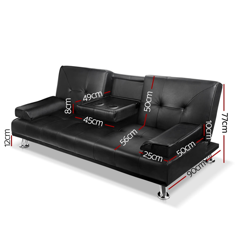 Artiss 3-Seater Sofa Bed Black PU Leather