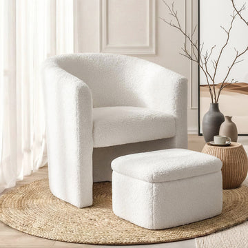 Artiss White Boucle Armchair with Ottoman Storage