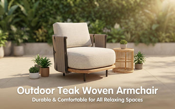 Woven Armrest Single Outdoor Sofa – Teak Frame, Gray Cushions