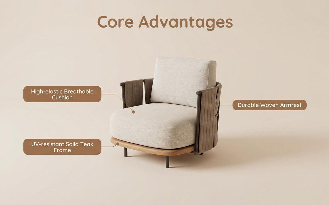Woven Armrest Single Outdoor Sofa – Teak Frame, Gray Cushions