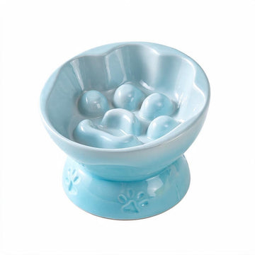 Ceramic Cat Dog Slow Feeder Bowl Caribbean Blue Paw Print Elevated Anti-Choke Pet Bowl 180g 200ml