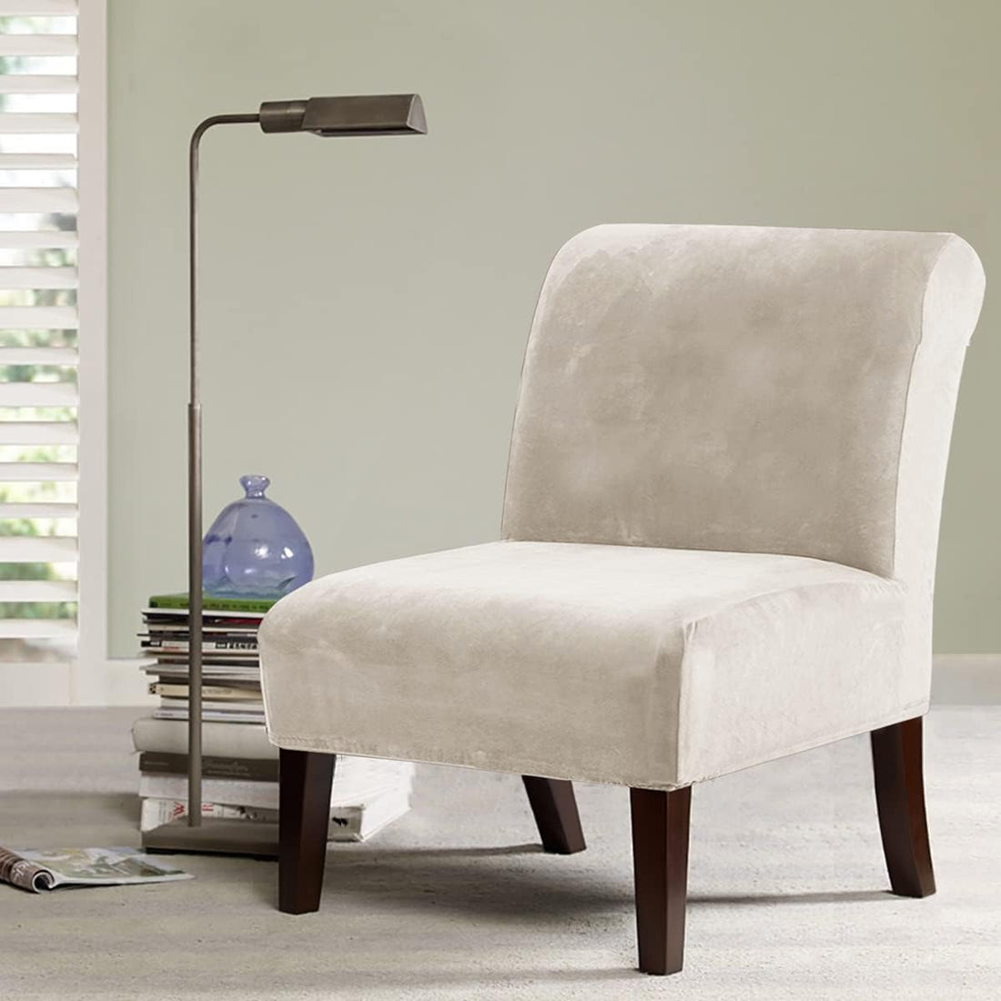 Ivory Velvet Armless Chair Cover High Stretch