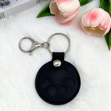 Round Paw Print Pet Hair Memorial Keychain, Leather Keepsake Charm for Dog & Cat Fur Storage—Black