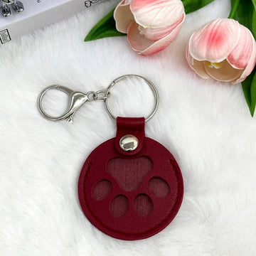 Round Paw Print Pet Hair Memorial Keychain, Leather Keepsake Charm for Dog & Cat Fur Storage—Red