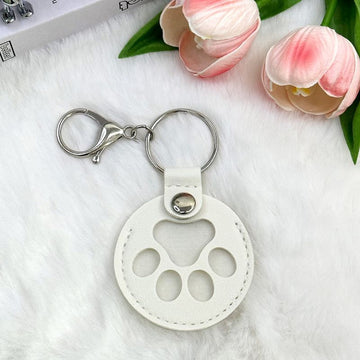 Round Paw Print Pet Hair Memorial Keychain, Leather Keepsake Charm for Dog & Cat Fur Storage—White